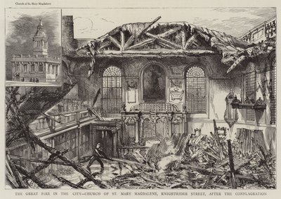 El gran incendio en la ciudad, Iglesia de Santa María Magdalena, Knightrider Street, después de la conflagración de Henry William Brewer